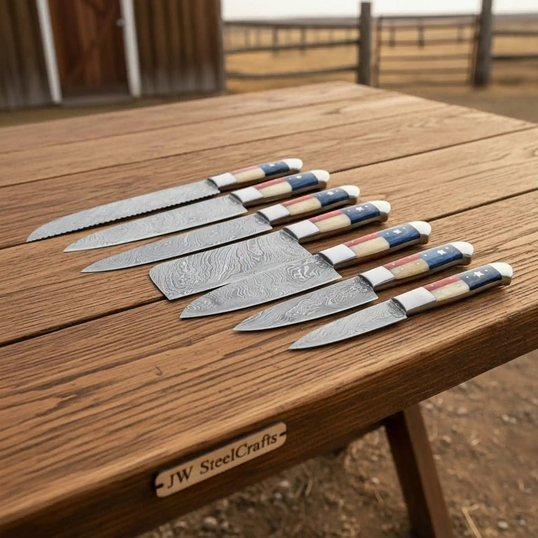 Hand - Forged Damascus Mixed Chef Set (Bread, Chef, Santoku & Utility) – Texas - Flag Handles, Full Tang handmade Handmade Chef Knife Sets by JW SteelCrafts