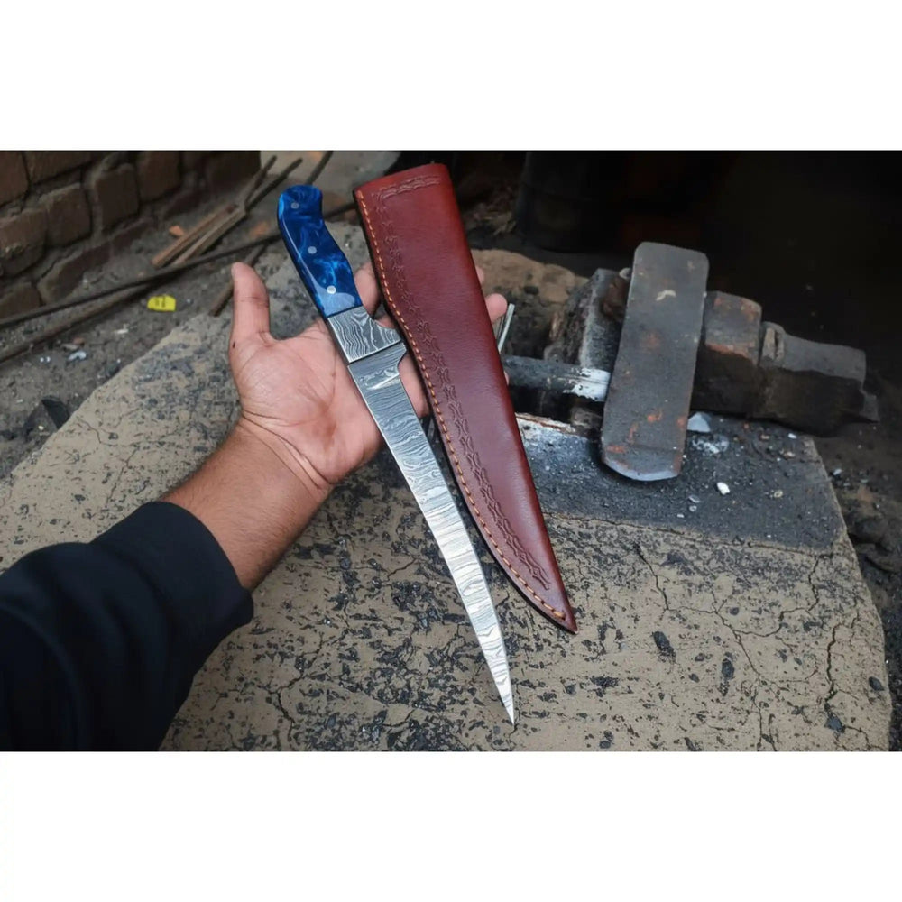 Hand - Forged Damascus Steel Fillet Knife – 8 Inch Flexible Fish Fillet Blade with Blue Resin Handle, Full Tang Professional Fishing Knife with Leather Sheath JW SteelCrafts handmade Handmade Fillet Knives by JW SteelCrafts