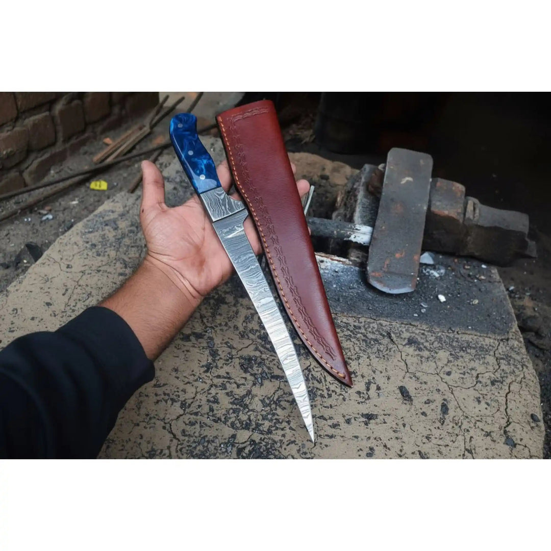 Hand - Forged Damascus Steel Fillet Knife – 8 Inch Flexible Fish Fillet Blade with Blue Resin Handle, Full Tang Professional Fishing Knife with Leather Sheath JW SteelCrafts handmade Handmade Fillet Knives by JW SteelCrafts