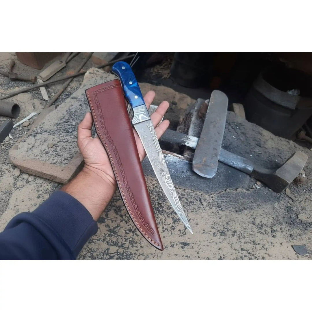 Hand - Forged Damascus Steel Fillet Knife – 8 Inch Flexible Fish Fillet Blade with Blue Resin Handle, Full Tang Professional Fishing Knife with Leather Sheath JW SteelCrafts handmade Handmade Fillet Knives by JW SteelCrafts
