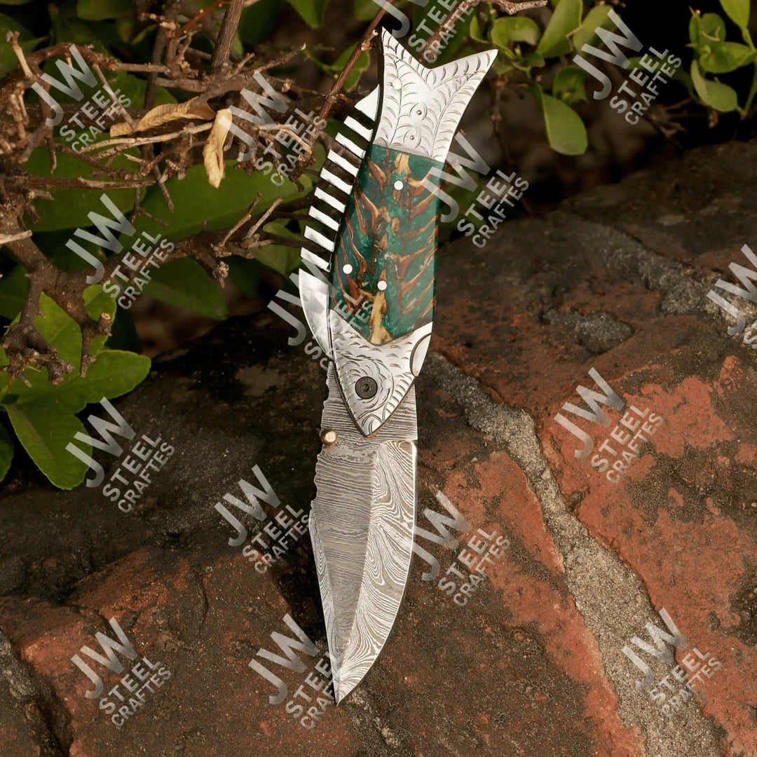 Hand Forged Damascus Steel Folding Knife – Honeycomb, Pinecone &amp; Brass Handle Variations handmade Liner Lock Folder by JW SteelCrafts