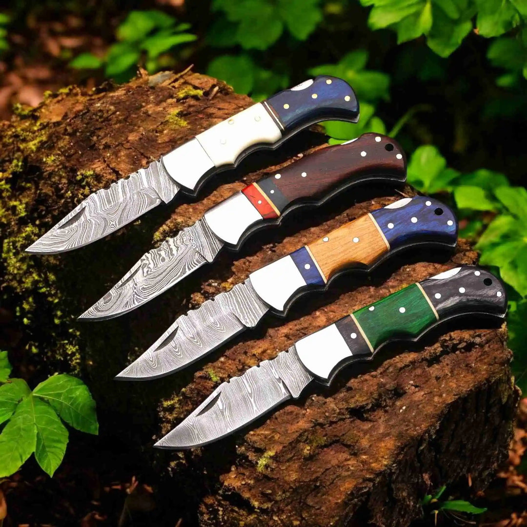 Hand Forged Damascus Steel Folding Knife – Pakka Wood Handle with Leather Sheath handmade Back Lock Folder by JW SteelCrafts
