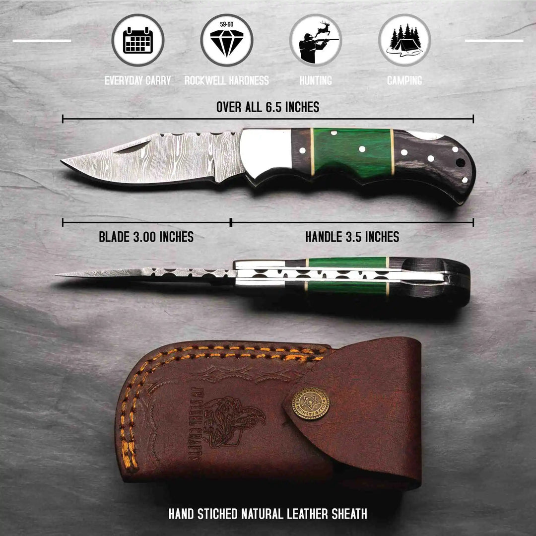 Hand Forged Damascus Steel Folding Knife – Pakka Wood Handle with Leather Sheath handmade Back Lock Folder by JW SteelCrafts