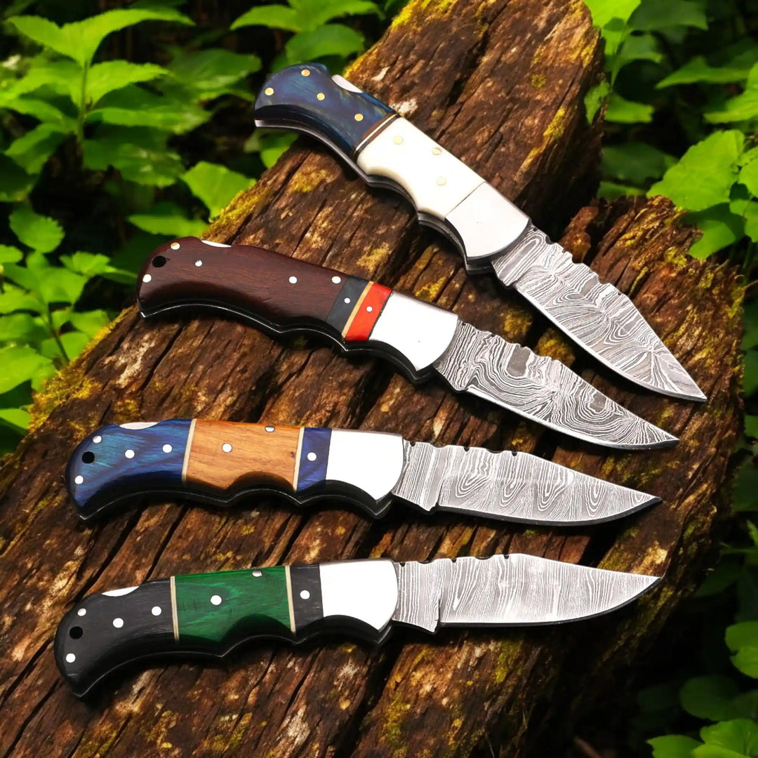 Hand Forged Damascus Steel Folding Knife – Pakka Wood Handle with Leather Sheath handmade Back Lock Folder by JW SteelCrafts