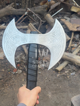 Load image into Gallery viewer, Custom engraved Viking battle axe with double-headed blade, leather sheath, and solid wooden handle – perfect for collectors and gifting.