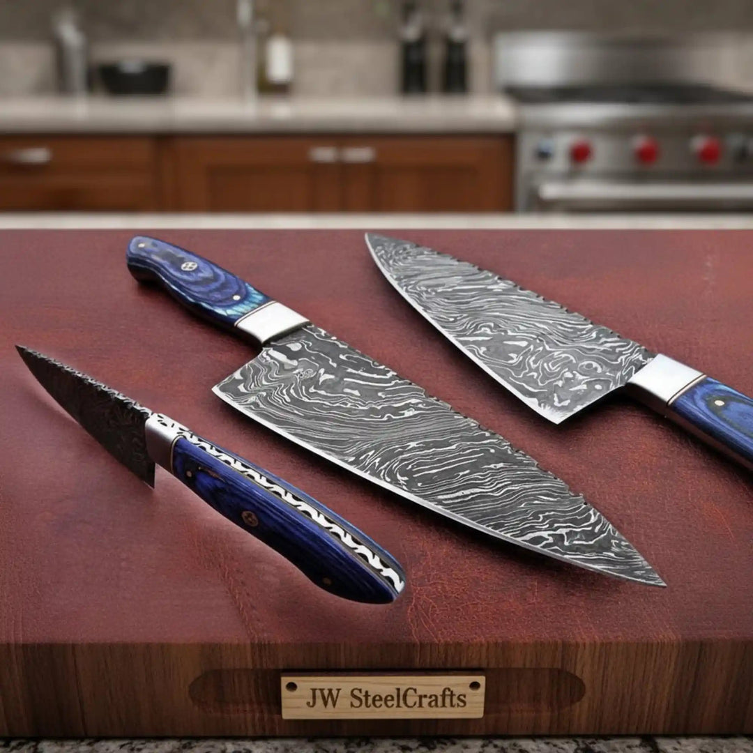 Hand - forged Fire Damascus Full - Tang Kitchen Knife – Blue Pakka Wood handmade Chef Knife by JW SteelCrafts