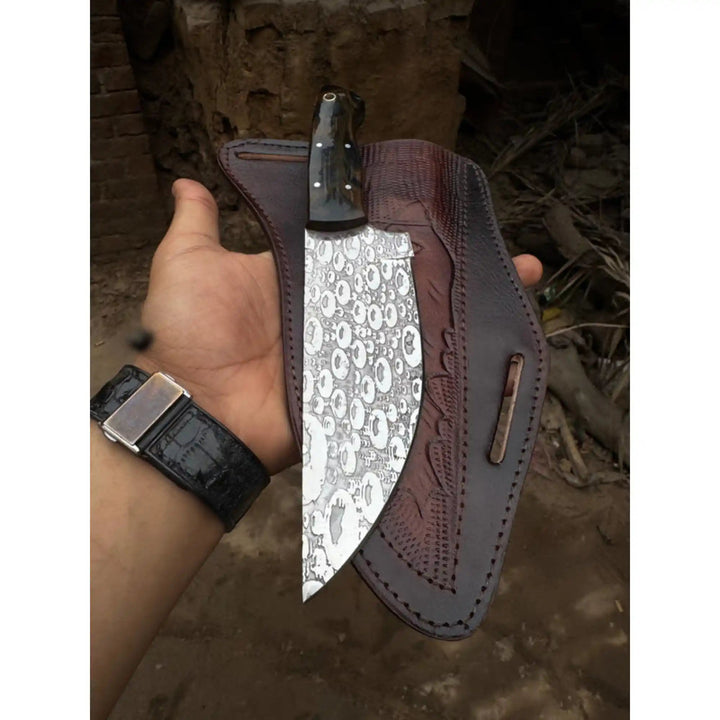 Hand - Forged Hammered Blade Knife | Walnut Grip &amp; Belt Sheath handmade Hunting Knife by JW SteelCrafts