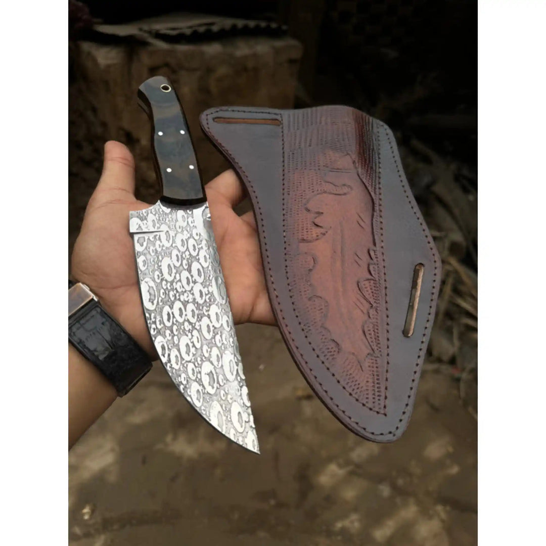 Hand - Forged Hammered Blade Knife | Walnut Grip & Belt Sheath handmade Hunting Knife by JW SteelCrafts