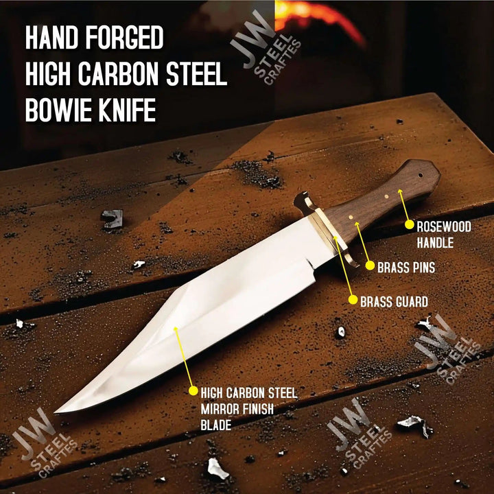 Clip Point High Carbon Steel Bowie Knife, Hand Forged, Rosewood Handle handmade Clip Point Bowie Knives