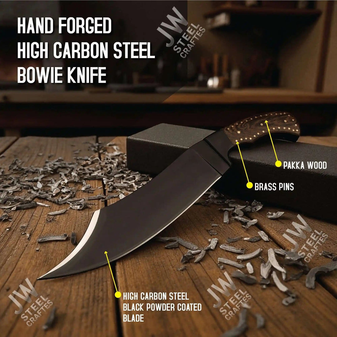 Hand Forged High Carbon Steel Persian - Style Bowie Knife, Upswept Trailing Point Blade, Pakka Wood Handle, JW SteelCrafts handmade Custom Bowie Knives by JW SteelCrafts