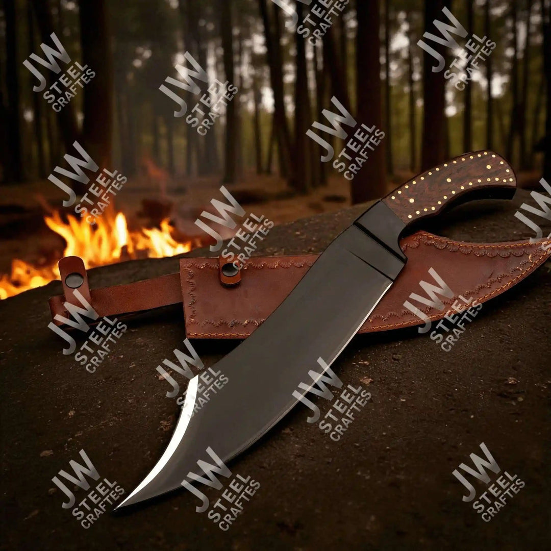Hand Forged High Carbon Steel Persian - Style Bowie Knife, Upswept Trailing Point Blade, Pakka Wood Handle, JW SteelCrafts handmade Custom Bowie Knives by JW SteelCrafts