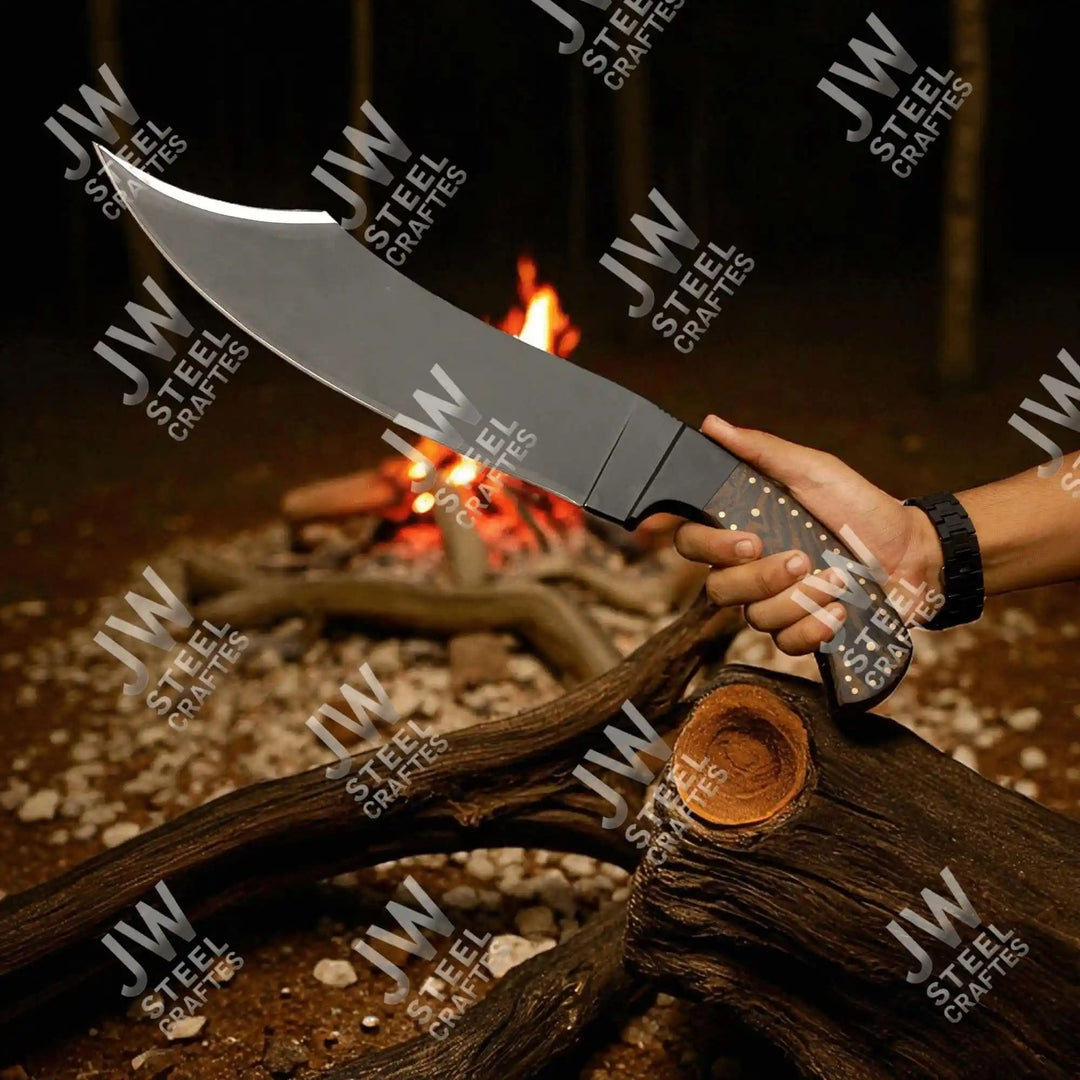 Hand Forged High Carbon Steel Persian - Style Bowie Knife, Upswept Trailing Point Blade, Pakka Wood Handle, JW SteelCrafts handmade Custom Bowie Knives by JW SteelCrafts