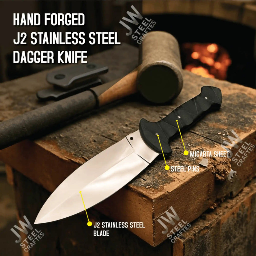 Hand - Forged J2 Stainless Steel Outdoor Utility Knife – Micarta Handle, Leather Sheath handmade Boot Knife by JW SteelCrafts
