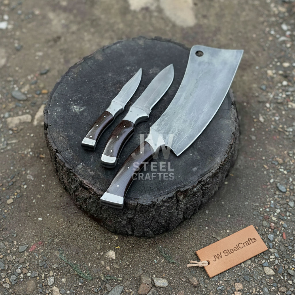 Three handmade chef knives with dark rosewood handles and cleaver blade outdoor display