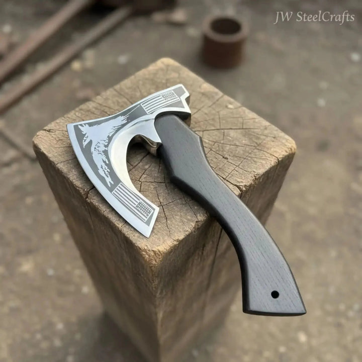 Hand-Forged Nordic Ulu-Style Axe Handcrafted And Displayed On A Wooden Block