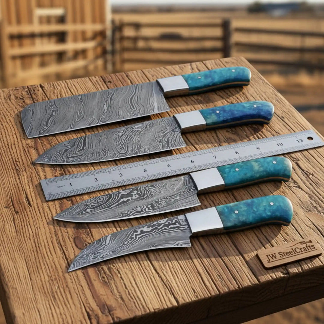 Hand - Forged Twisted Damascus Chef Knife Set — Nakiri Style, Blue Resin Handle, Steel Bolster handmade Nakiri Knife by JW SteelCrafts