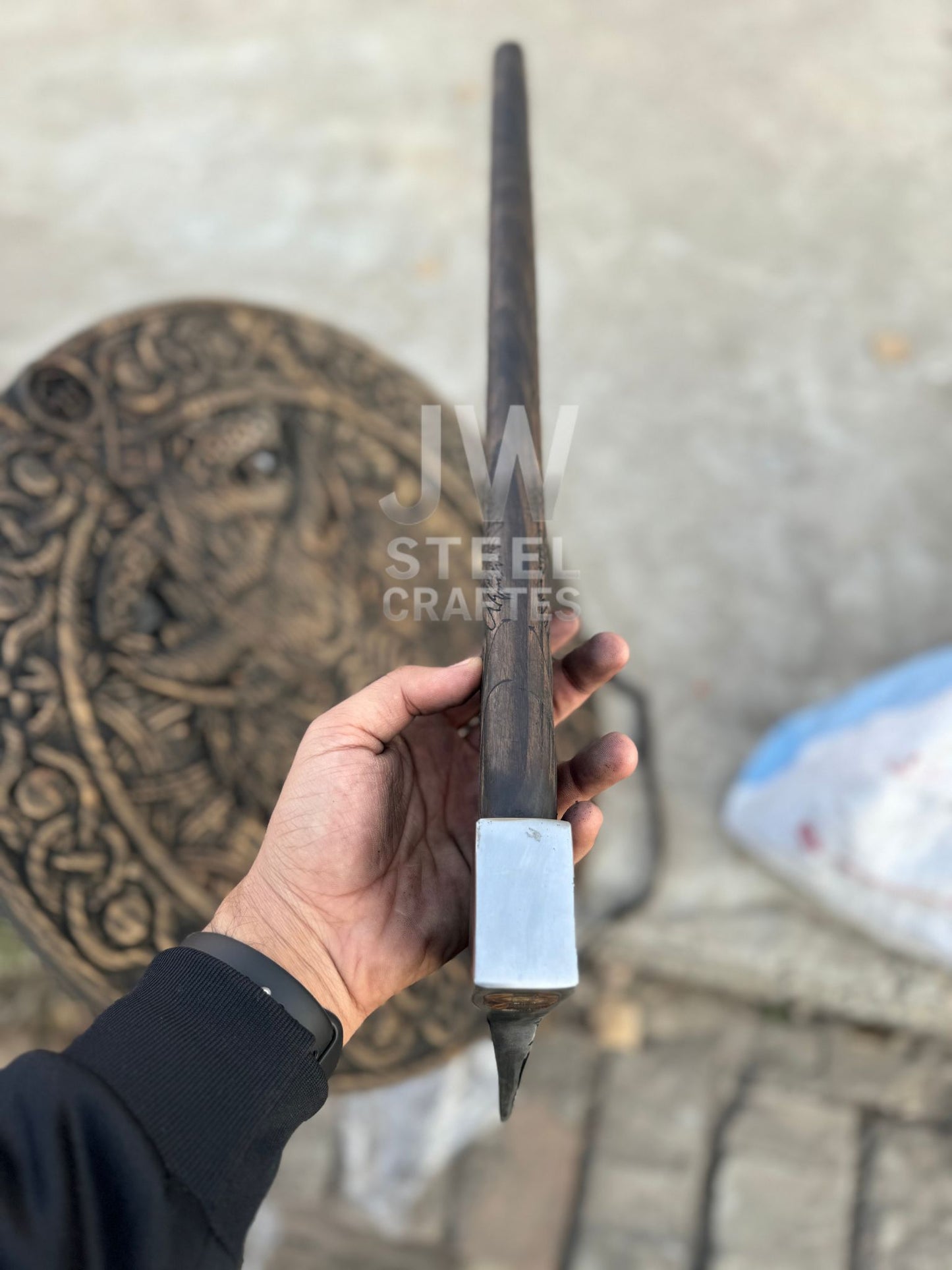 Handmade Viking Axe with Wolf Engraving & Wooden Shield – Norse Collectible Set