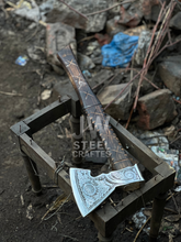 Load image into Gallery viewer, Handmade Viking Axe – Engraved Steel Head with Carved Wooden Handle