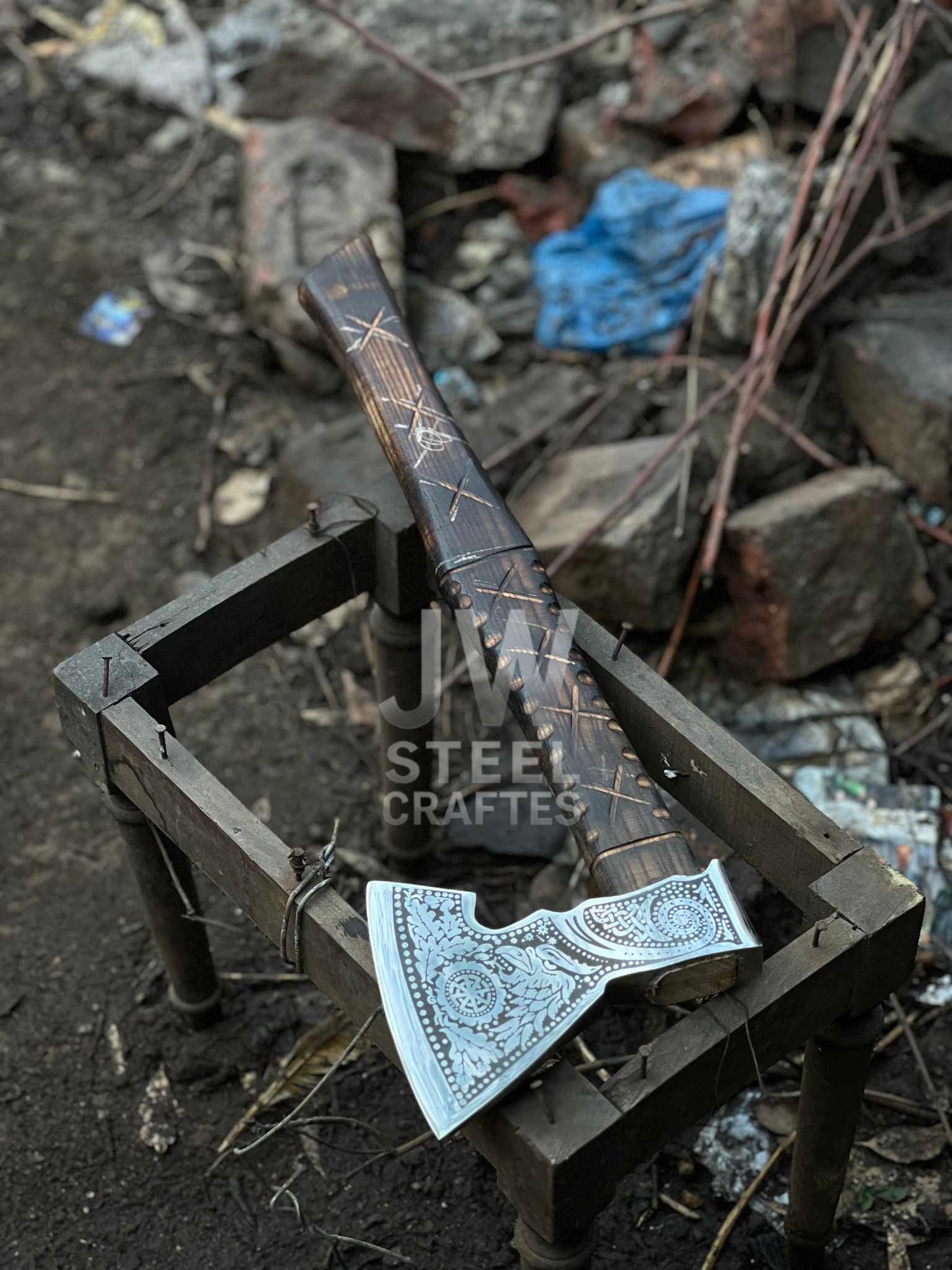 Handmade Viking Axe – Engraved Steel Head with Carved Wooden Handle