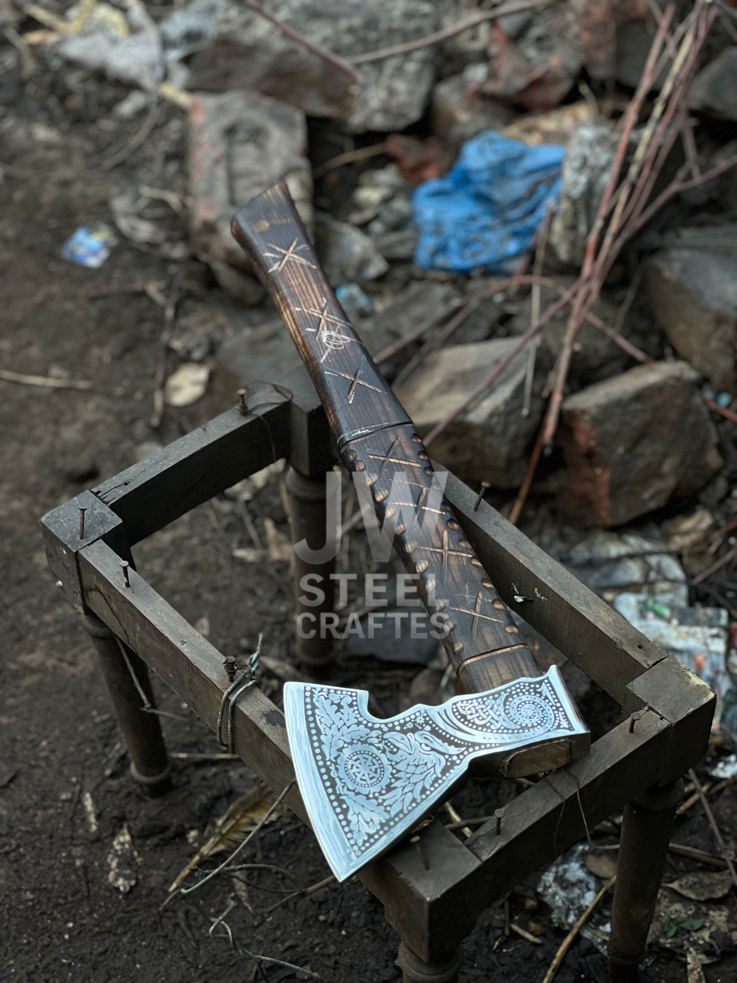 Handmade Viking Axe – Engraved Steel Head with Carved Wooden Handle