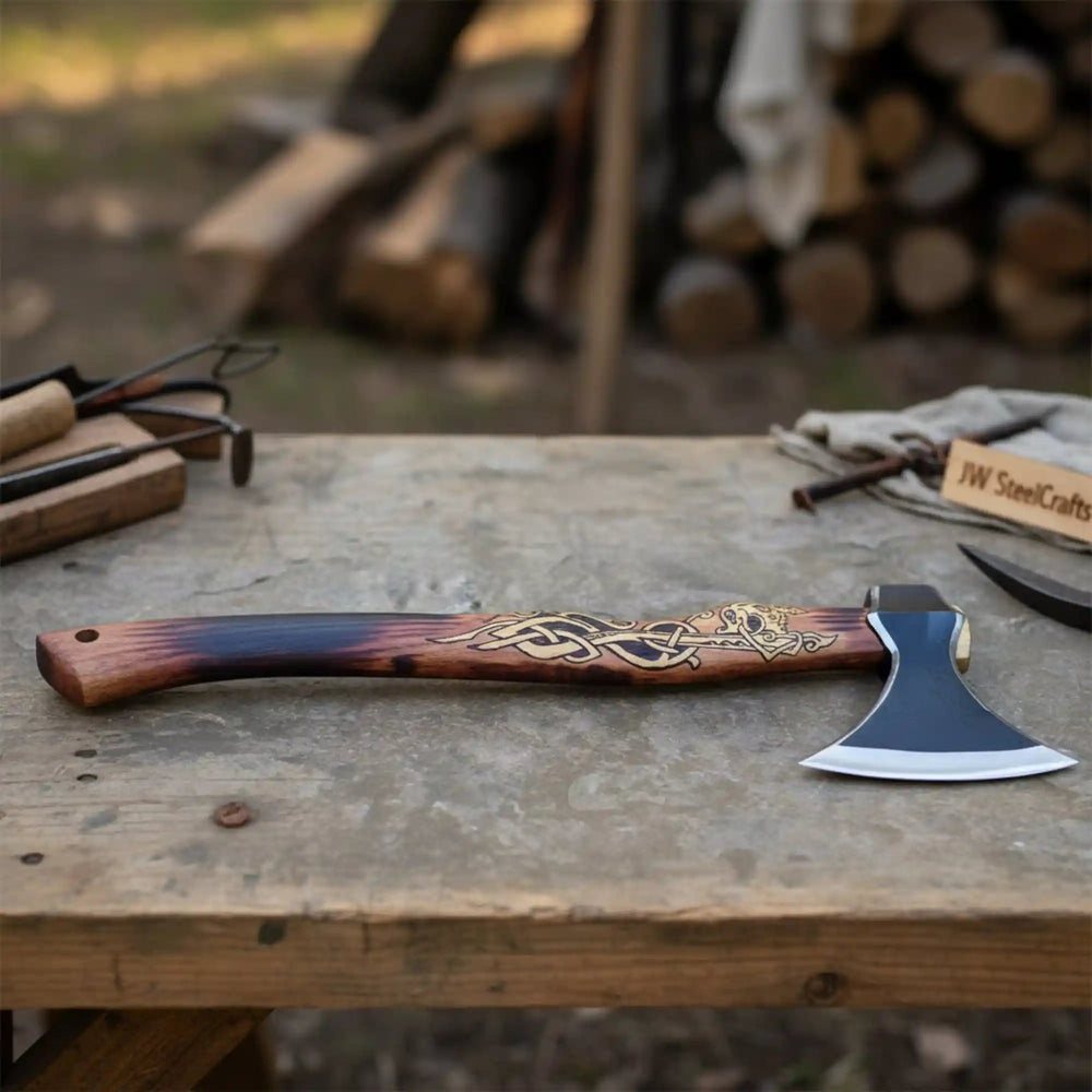 Hand - Forged Viking Bearded Camp Axe with Engraved Hardwood Handle handmade Handmade Axe by JW SteelCrafts