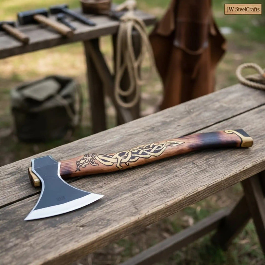 Hand - Forged Viking Bearded Camp Axe with Engraved Hardwood Handle handmade Handmade Axe by JW SteelCrafts