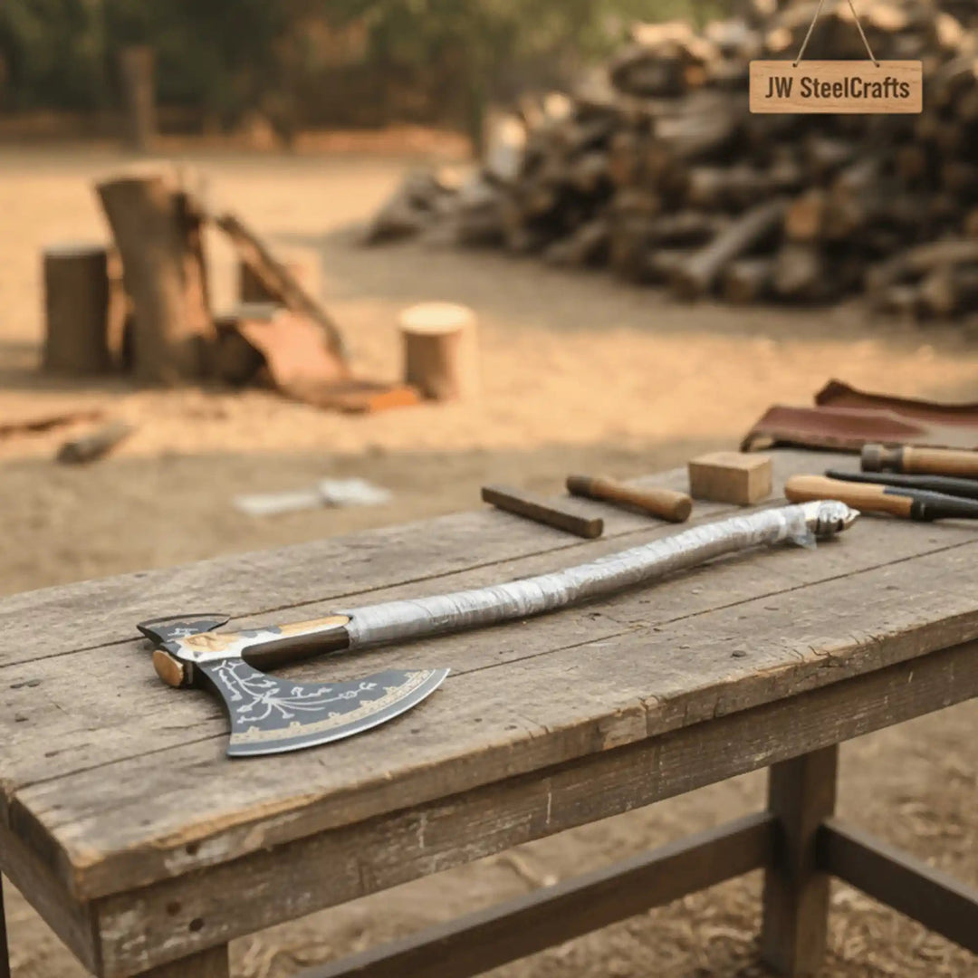 Engraved Head Double-Bit Viking Fantasy Display Axe handmade Handmade Axe JW SteelCrafts