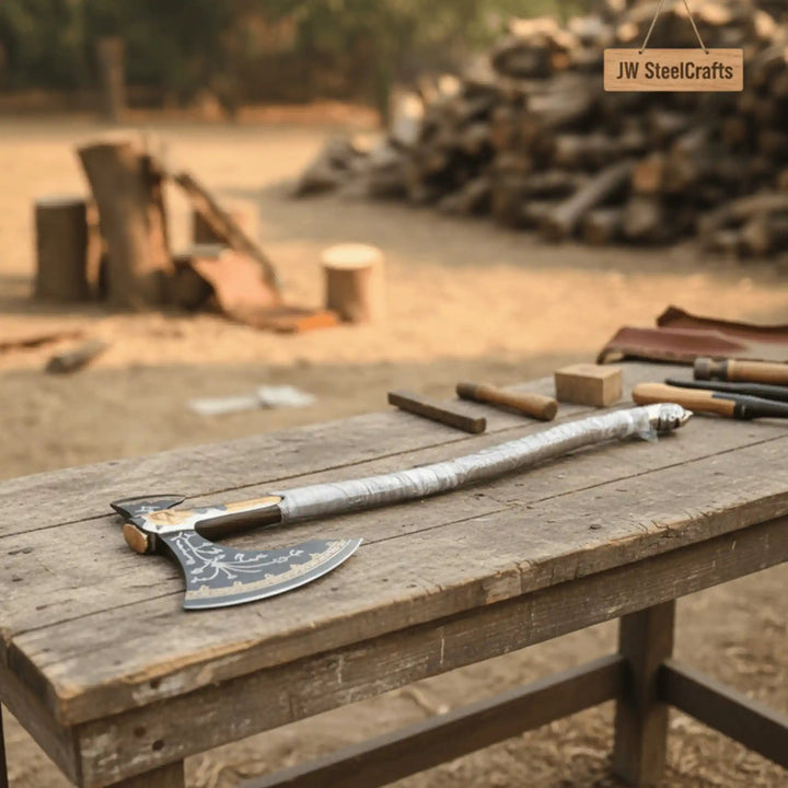 Engraved Head Double-Bit Viking Fantasy Display Axe handmade Handmade Axe JW SteelCrafts