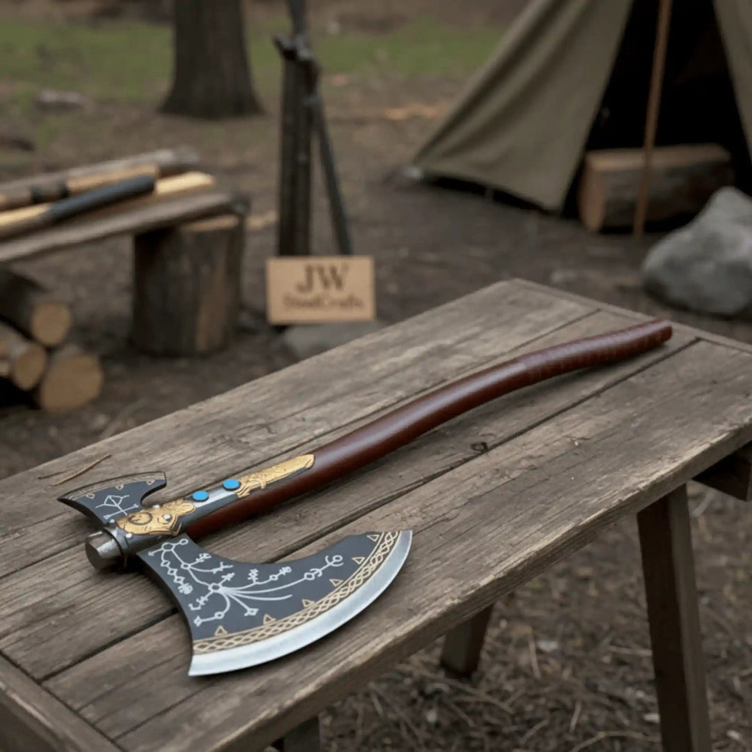 Engraved Head Double-Bit Viking Fantasy Display Axe handmade Handmade Axe JW SteelCrafts