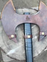 Load image into Gallery viewer, Custom engraved Viking battle axe with double-headed blade, leather sheath, and solid wooden handle – perfect for collectors and gifting.