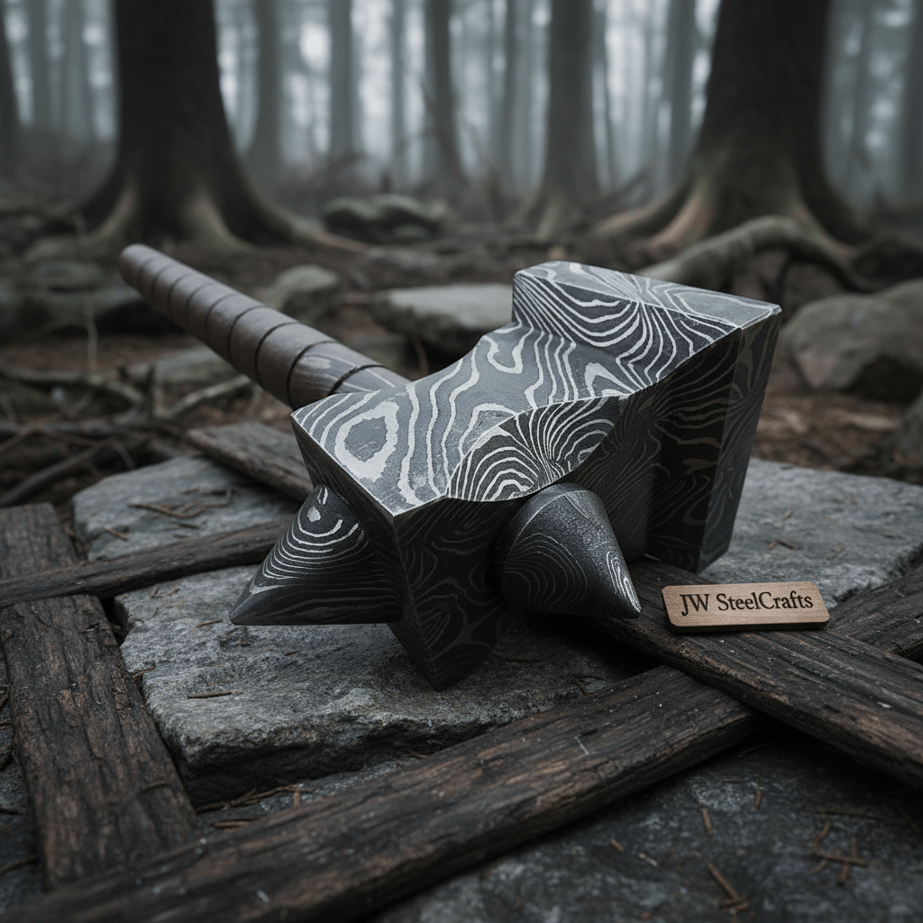 Hand made damascus steel viking hammer handmade by JW SteelCrafts