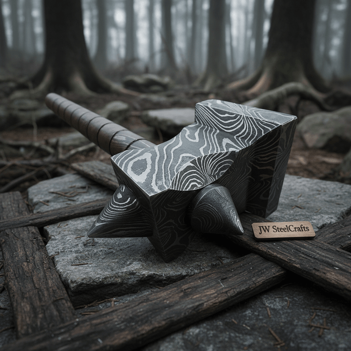 Hand made damascus steel viking hammer handmade by JW SteelCrafts