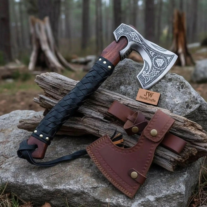 Rustic Viking bushcraft hatchet with decorative blade carvings and brown leather sheath displayed outdoors.