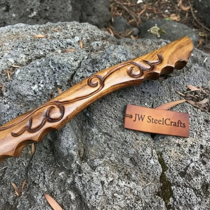     Custom Damascus steel axe with detailed carved wooden handle resting on stone and logs in a woodland background.
