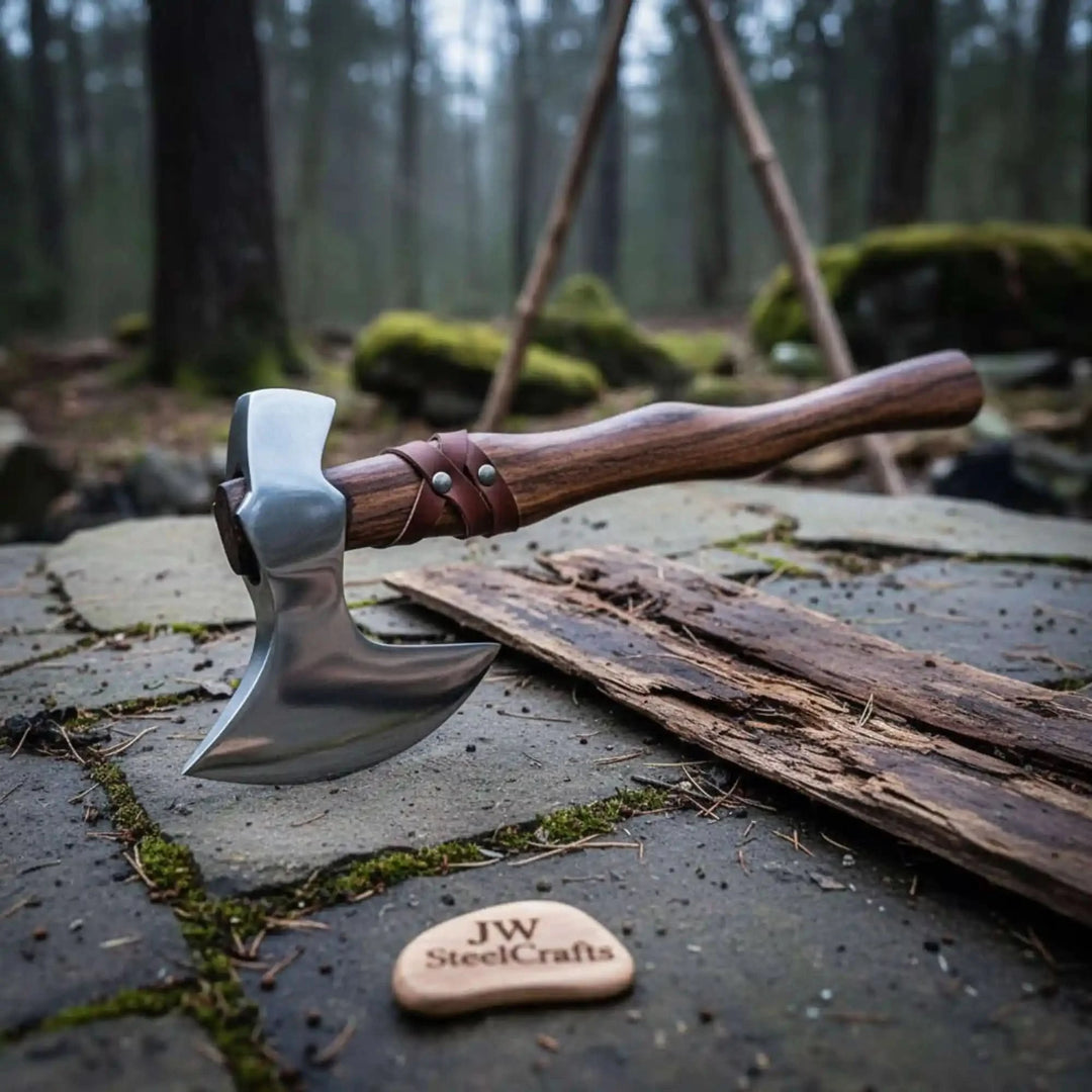    Compact Viking bushcraft hatchet featuring mirror-polished steel head and ergonomic hardwood handle in woodland setting.