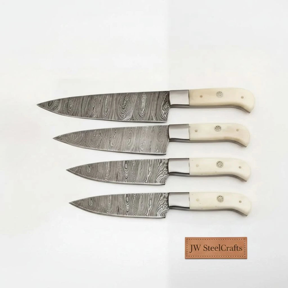 Elegant culinary blade collection displayed in organized flatlay arrangement with modern studio aesthetic.