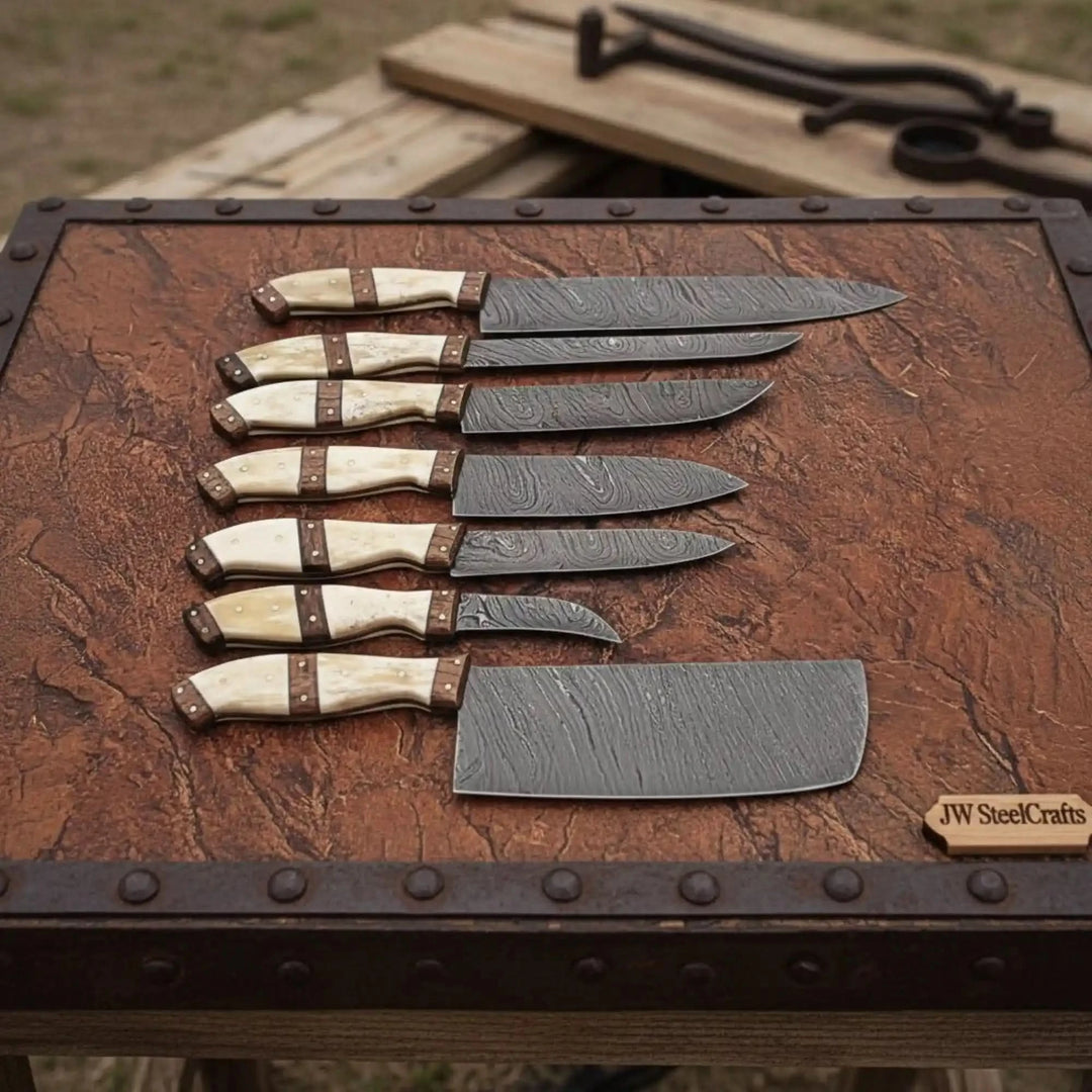 Decorative Damascus steel kitchen tools presented in balanced arrangement emphasizing craftsmanship and professional design.

