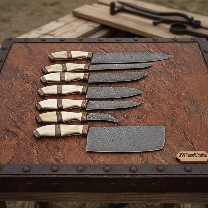 Decorative Damascus steel kitchen tools presented in balanced arrangement emphasizing craftsmanship and professional design.

