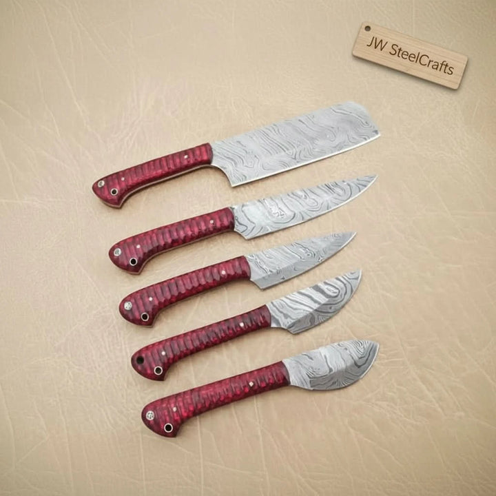 Premium culinary blades with polished silver bolsters and richly textured burgundy ergonomic wooden grips.