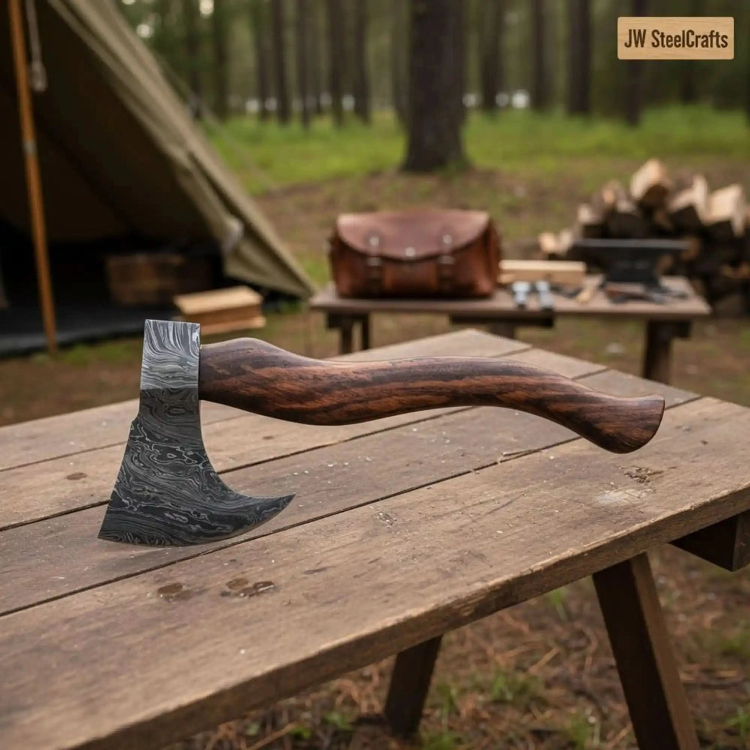 Damascus camping axe with a curved dark wood handle displayed on a rustic outdoor table near a forest campsite and tent setup.