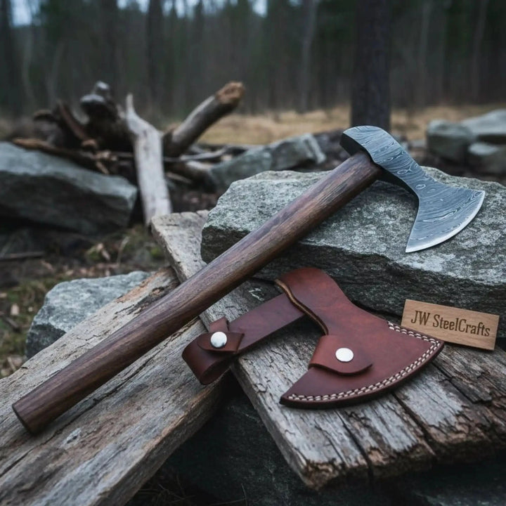     Forged bushcraft axe featuring Damascus steel blade, polished wooden handle, and stitched leather sheath in forest setting.
