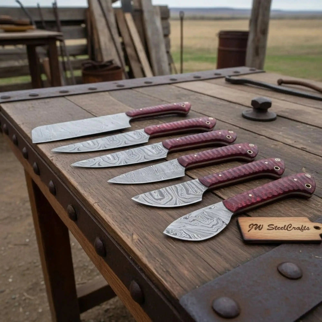 Decorative chef blades emphasizing detailed steel textures and smooth dark red handle craftsmanship against wooden table backdrop.