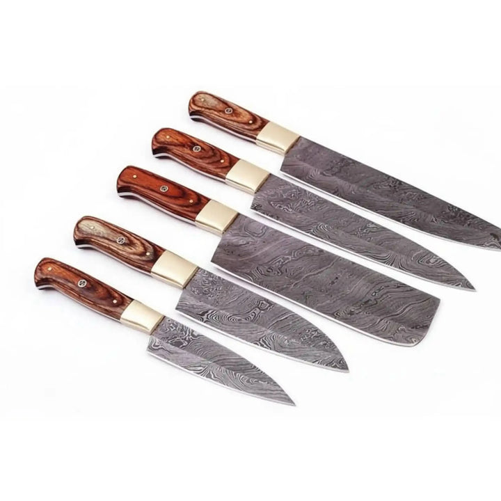 High quality forged kitchen blades featuring polished woodgrain handles and sharp precision cutting surfaces.