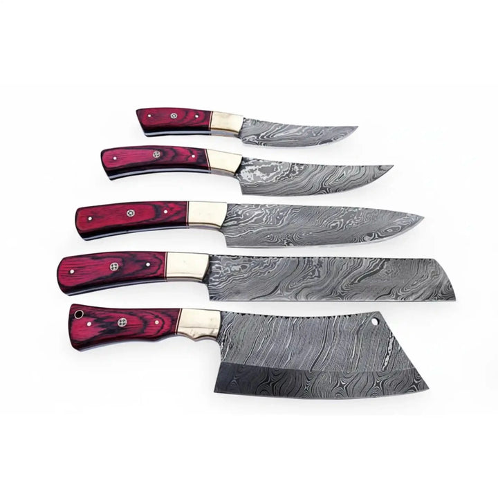 High quality Damascus steel cutlery featuring precision forged blades and colorful ergonomic wooden handles.