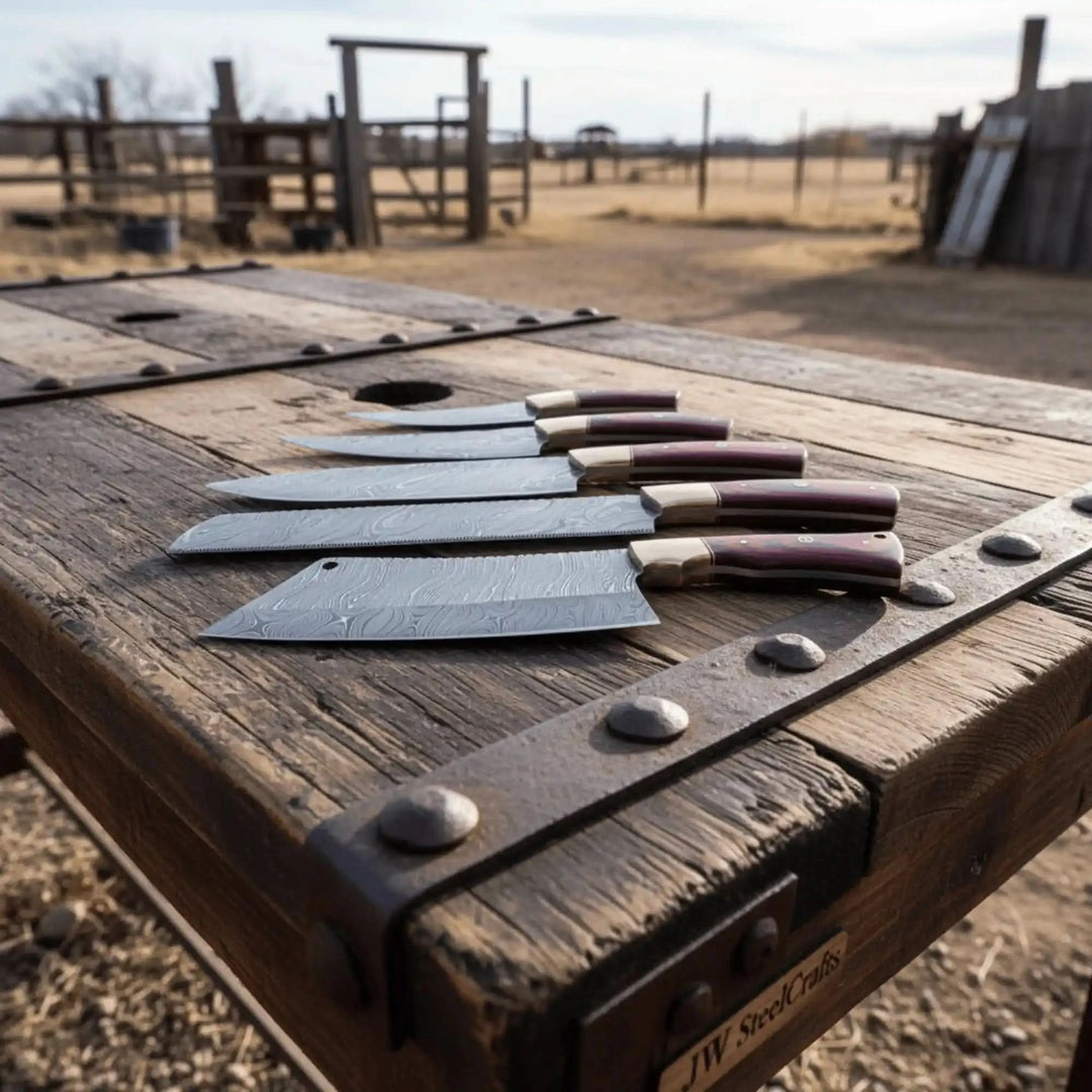 Cooking knives showcasing sharp cutting edges, decorative Damascus wave patterns, and ergonomic wooden handles.