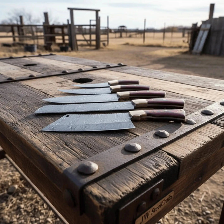 Cooking knives showcasing sharp cutting edges, decorative Damascus wave patterns, and ergonomic wooden handles.