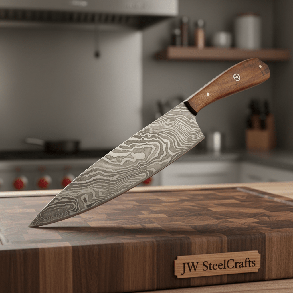     Presented in a kitchen setting, this chef knife combines a patterned Damascus blade with a wood handle.