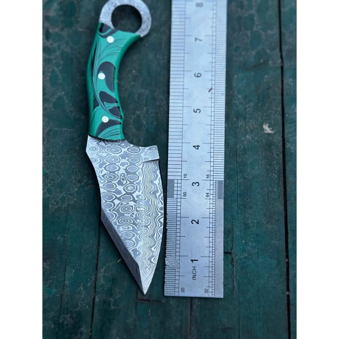 Handcrafted Damascus Steel Ring Handle Outdoor Utility Knife – Resin Grip – JW SteelCrafts handmade Skinner Knife by JW SteelCrafts