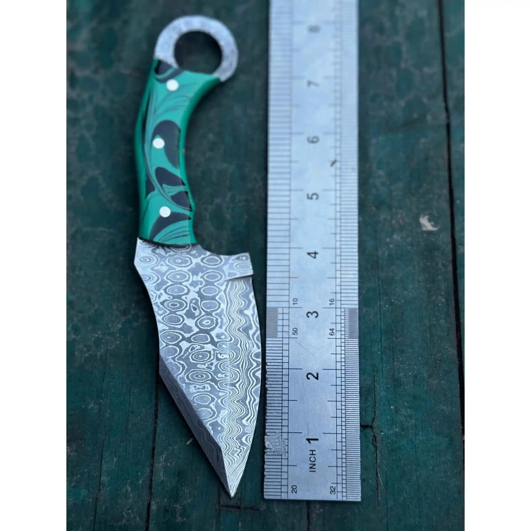Handcrafted Damascus Steel Ring Handle Outdoor Utility Knife – Resin Grip – JW SteelCrafts handmade Skinner Knife by JW SteelCrafts