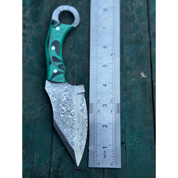 Handcrafted Damascus Steel Ring Handle Outdoor Utility Knife – Resin Grip – JW SteelCrafts handmade Skinner Knife by JW SteelCrafts